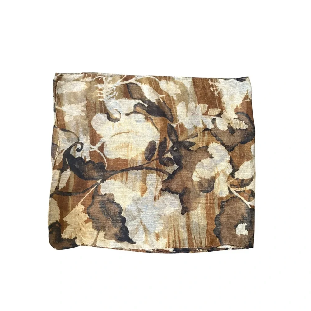 Womens Brown Beige Floral Oblong Scarf Lightweight Sheer 58x12 Boho